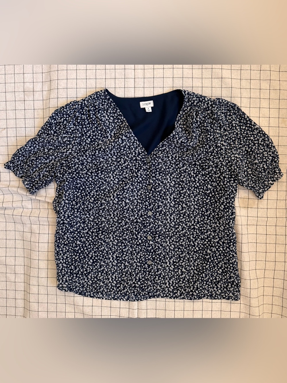 J. Crew Navy and White Floral Button-Down Blouse